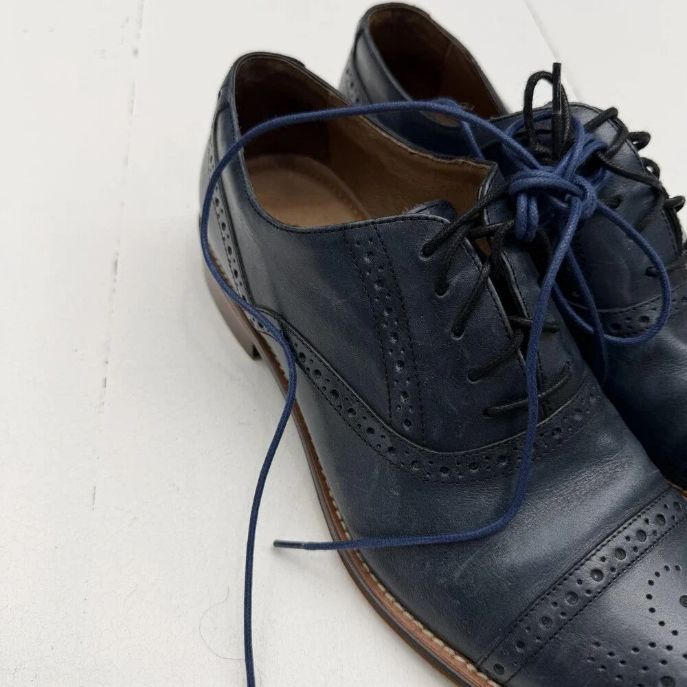 Johnston & Murphy Dress Shoes Mens Size 10.5 Blue Leather Oxford Brogue Cap Toe